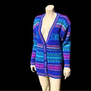 90s Vintage NORDSTROM Blue Shetland Wool Nordic SNOWFLAKE Cardigan Sweater M L